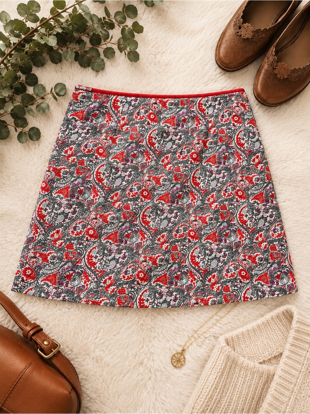 Boden A-line mini skirt gray red paisley print women’s 10R cottagecore